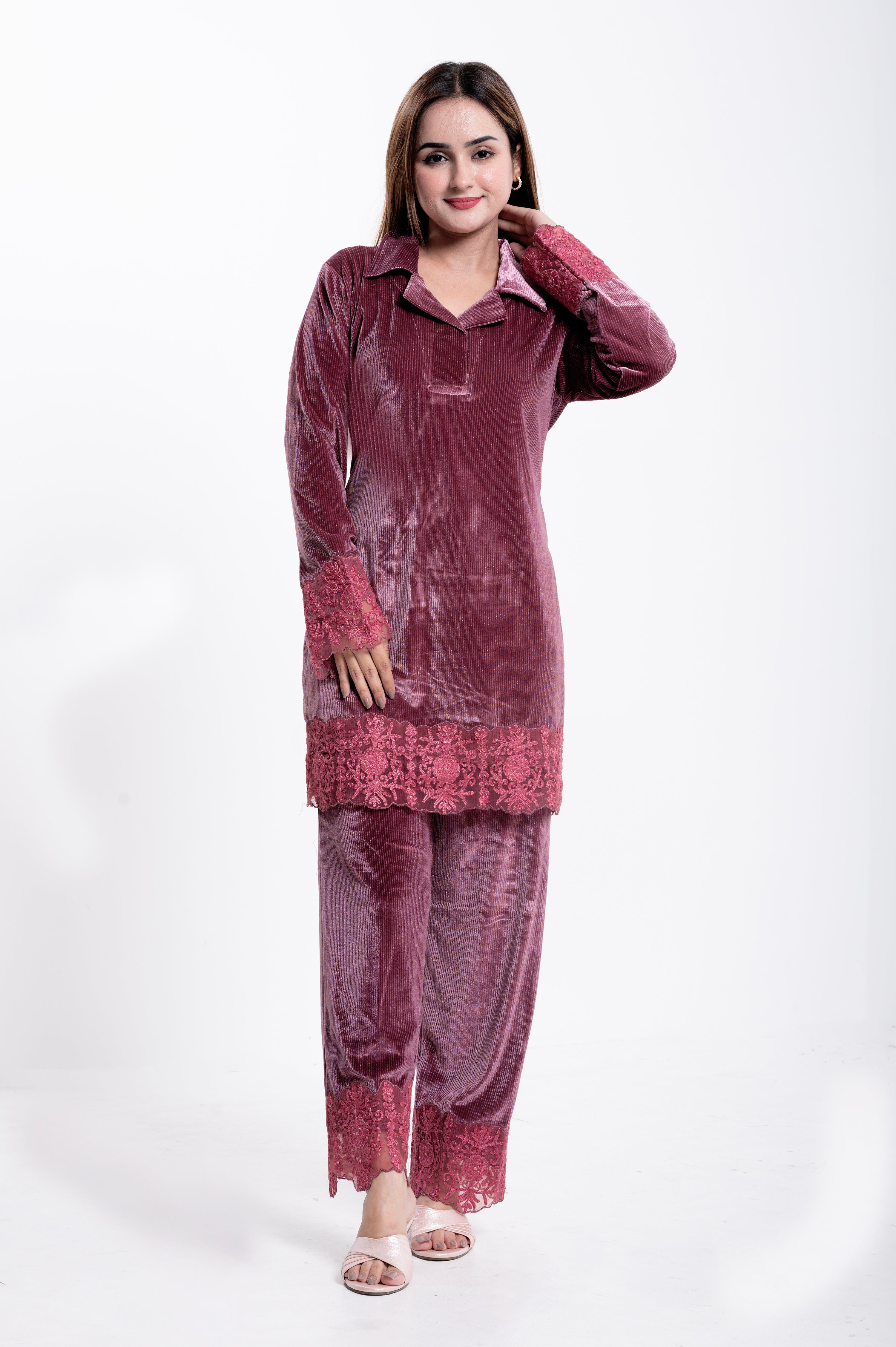 Women's Velvet Embroidery Cord Set