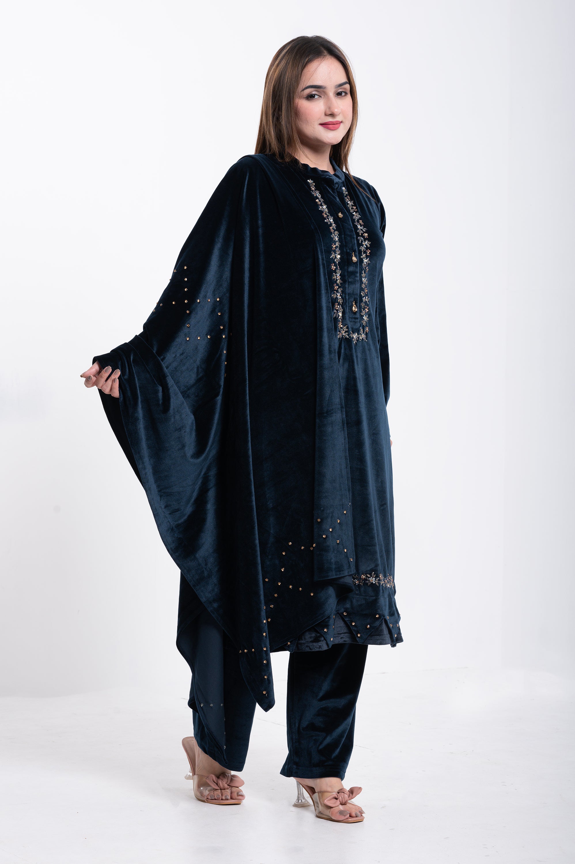 Midnight Blue Velvet Embroidered Suit Set