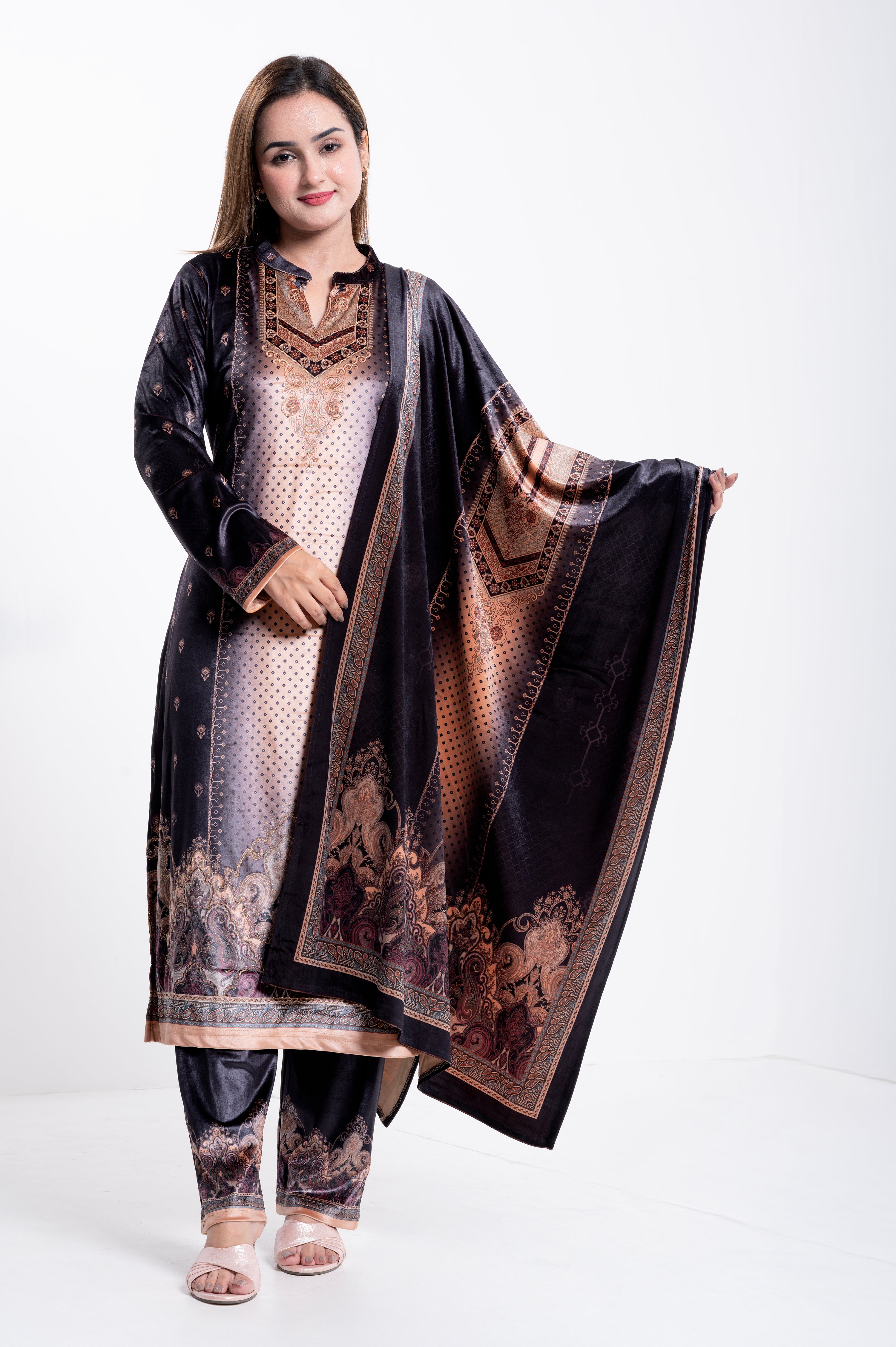 Velvet Printed Embroidered Suit with Dupatta
