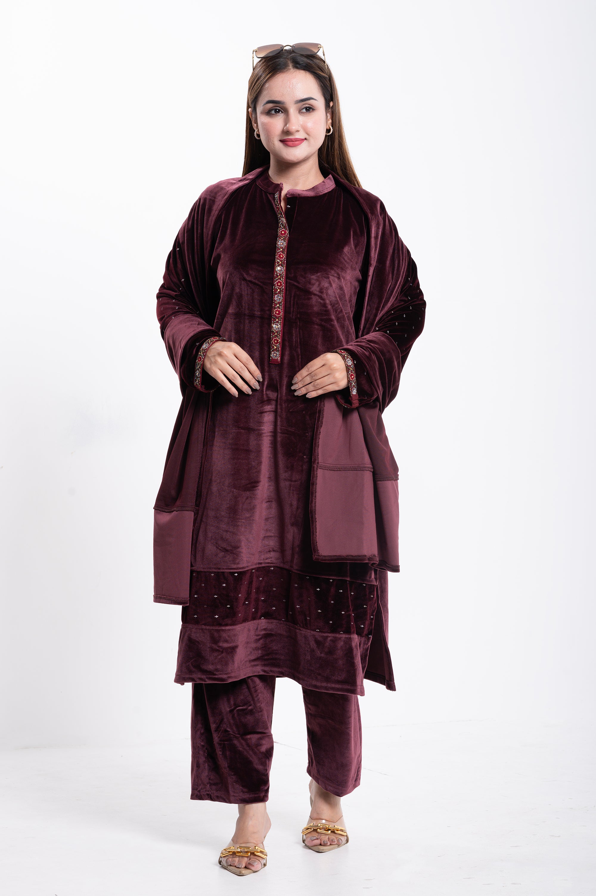 Velvet Maroon Embroidered Suit