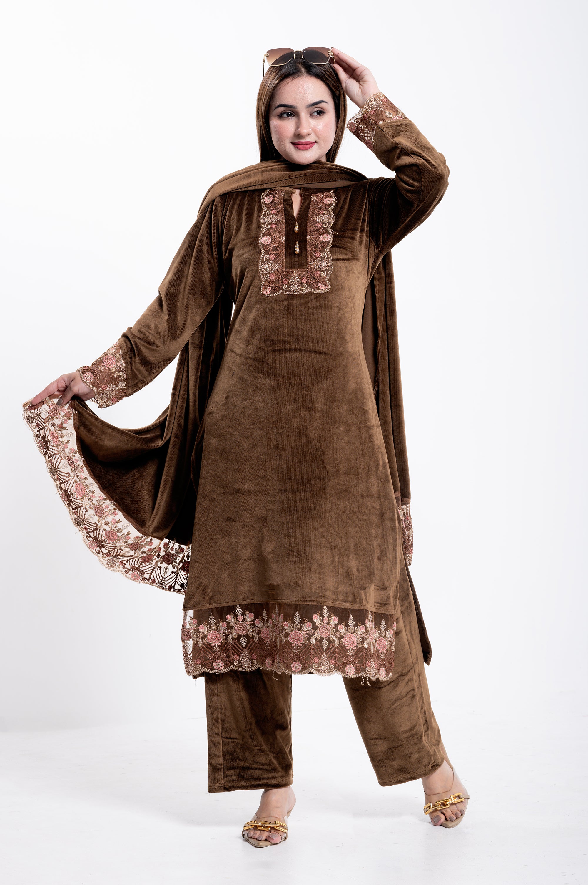 Elegant Velvet Embroidered Suit Set