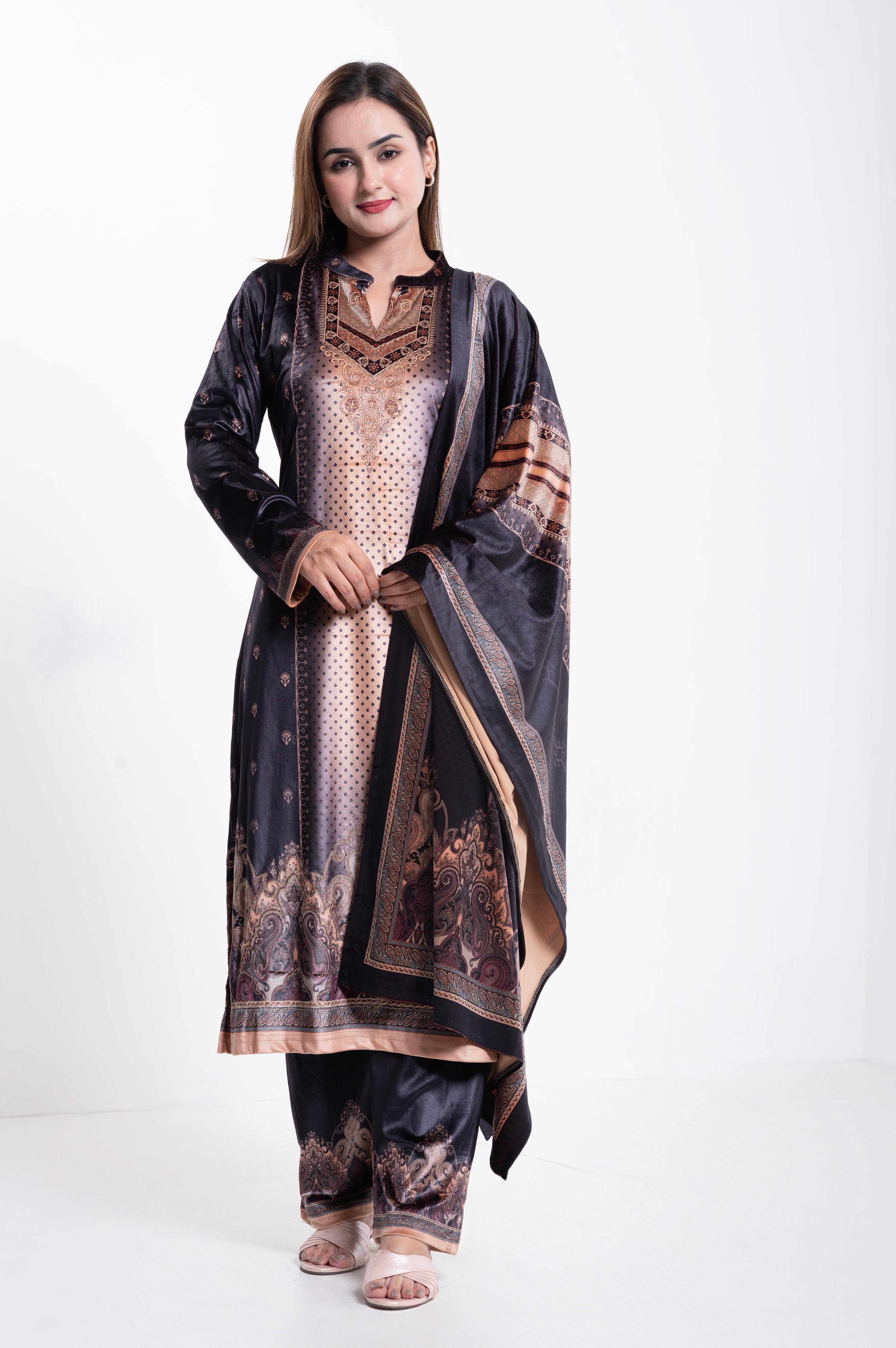 Velvet Printed Embroidered Suit with Dupatta