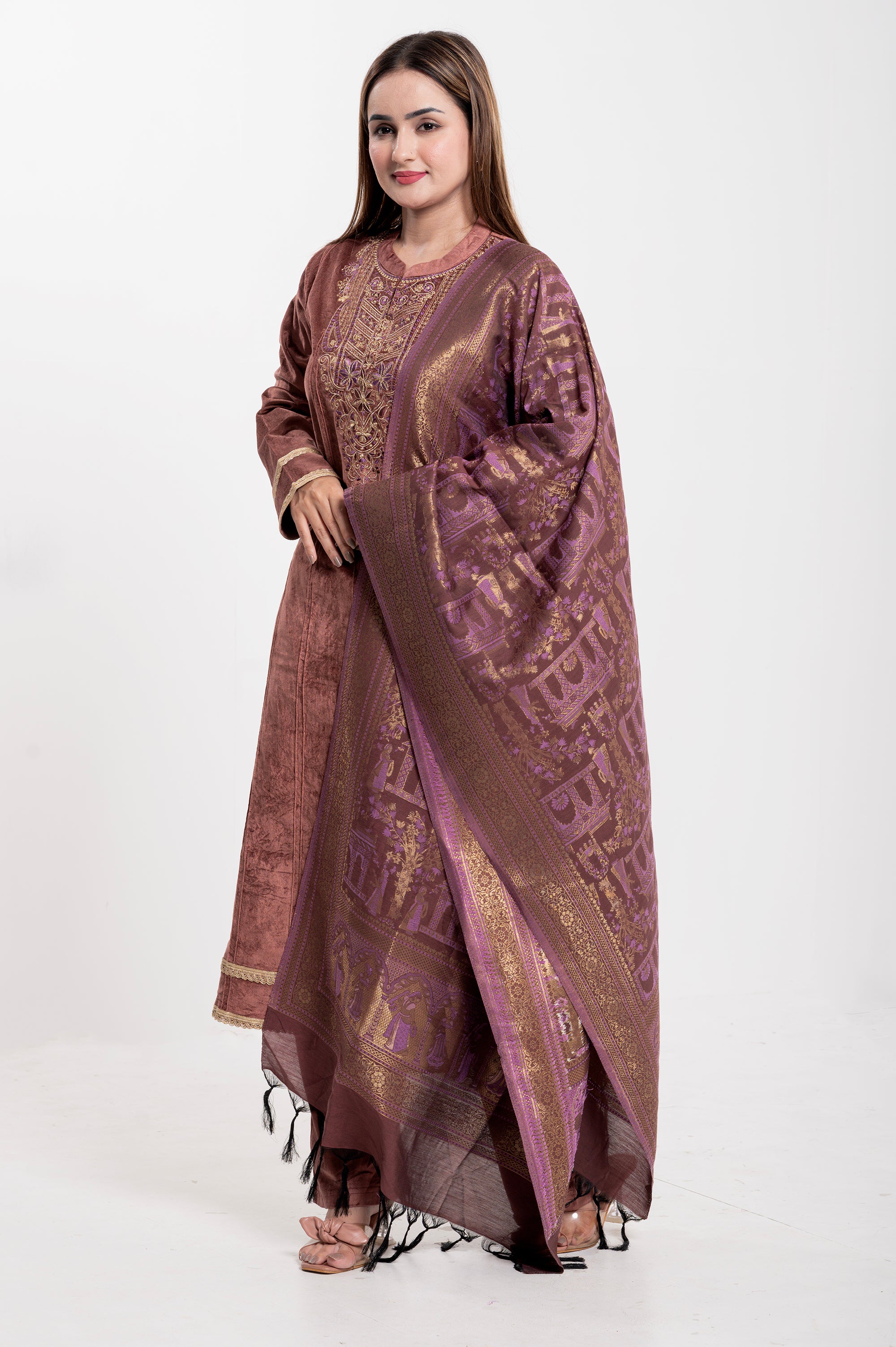 Elegant Rust Brown Embroidered Kurta Set with Jacquard Dupatta