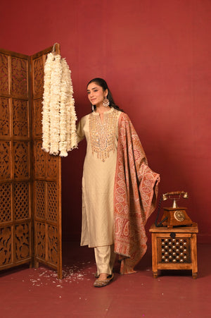 Article 62970 Daffodil embroidered kurta set with printed stole alternate view