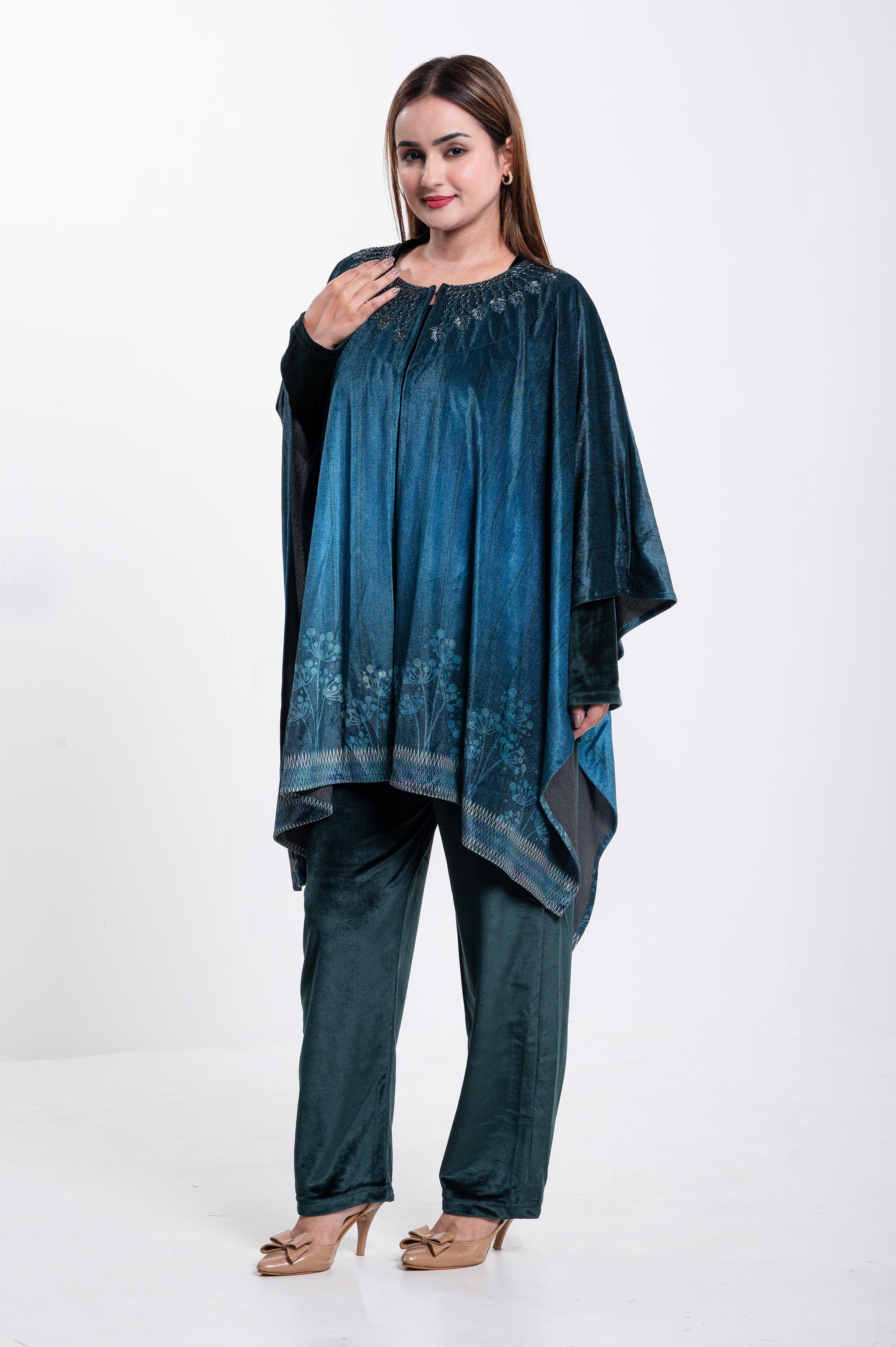 Elegant Teal Velvet Poncho Set