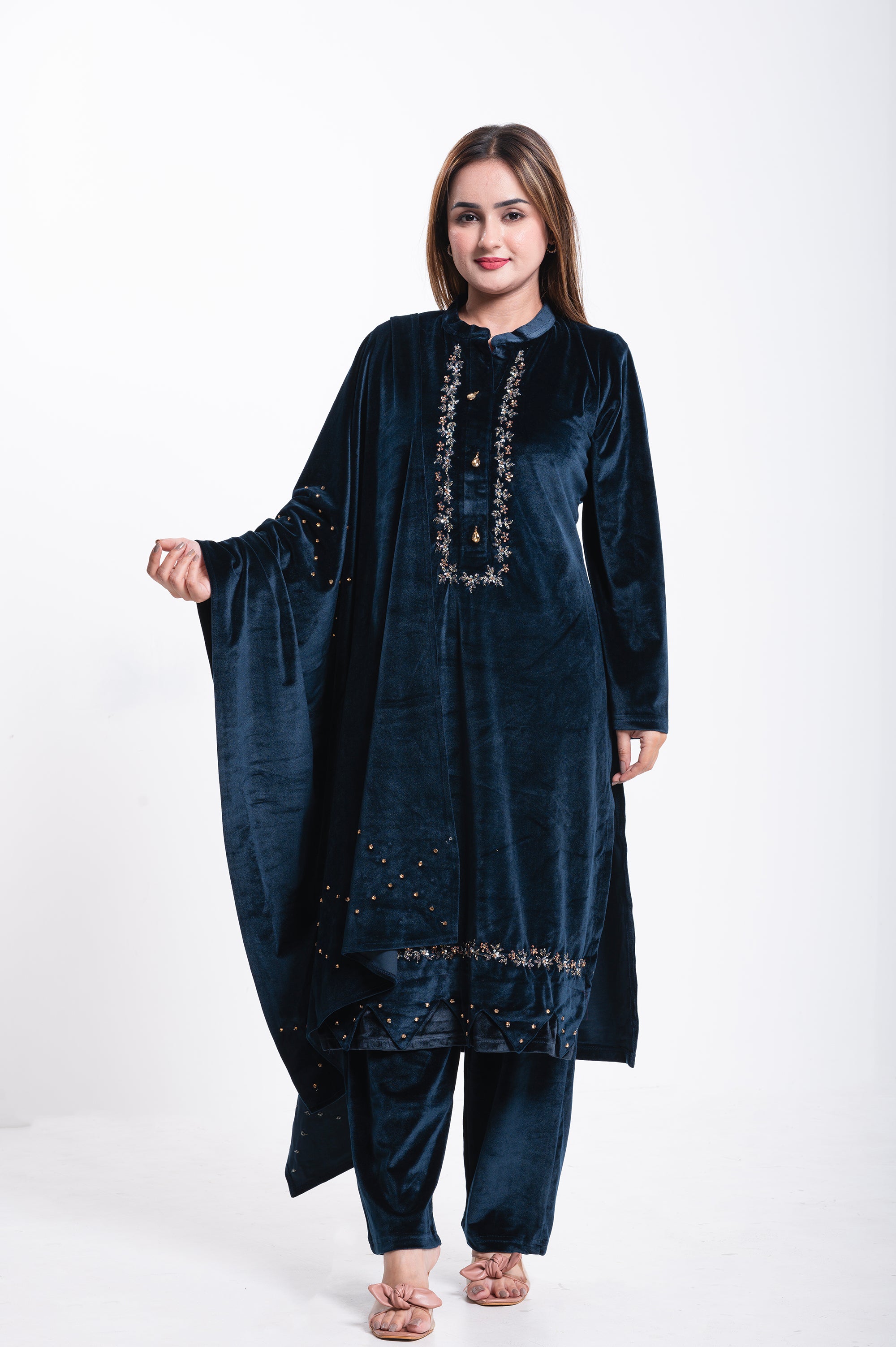Midnight Blue Velvet Embroidered Suit Set
