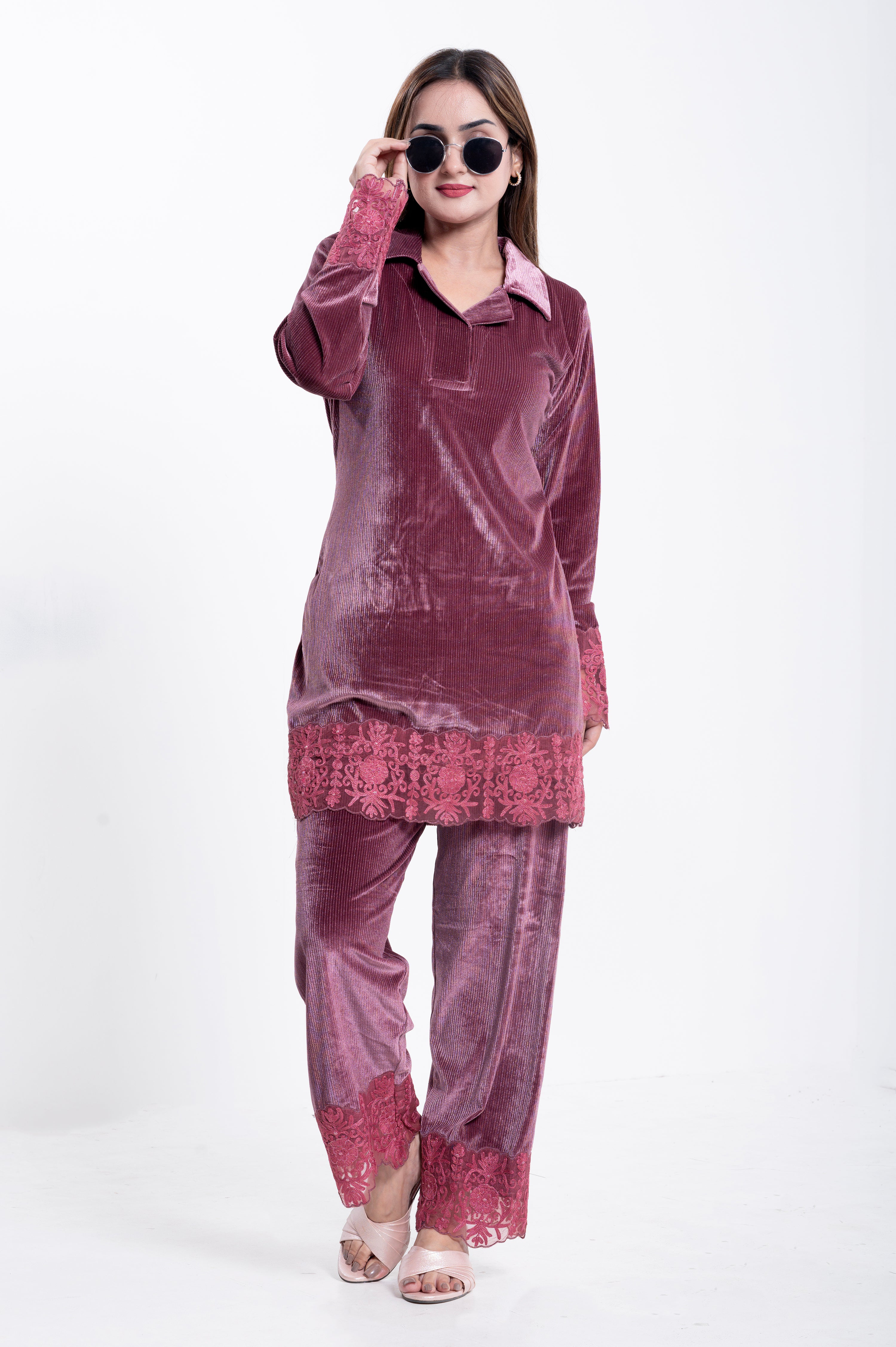 Women's Velvet Embroidery Cord Set