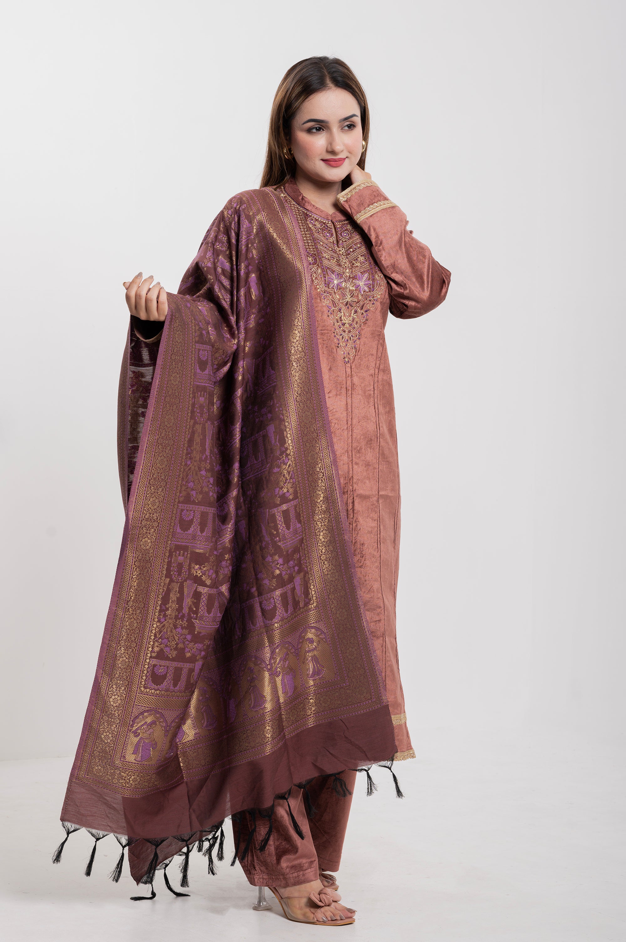 Elegant Rust Brown Embroidered Kurta Set with Jacquard Dupatta