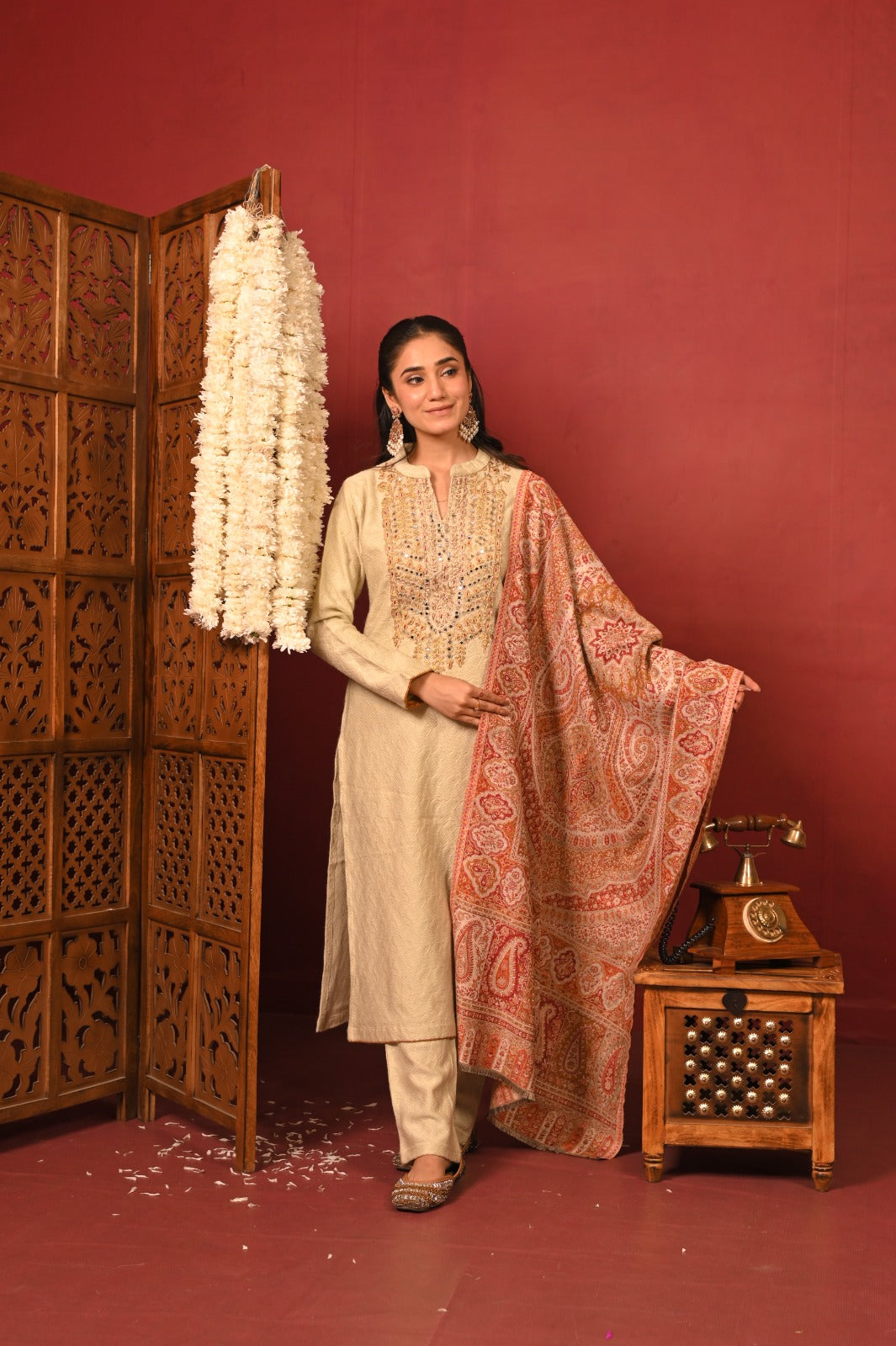 Article 62970 Daffodil embroidered kurta set with printed stole front view