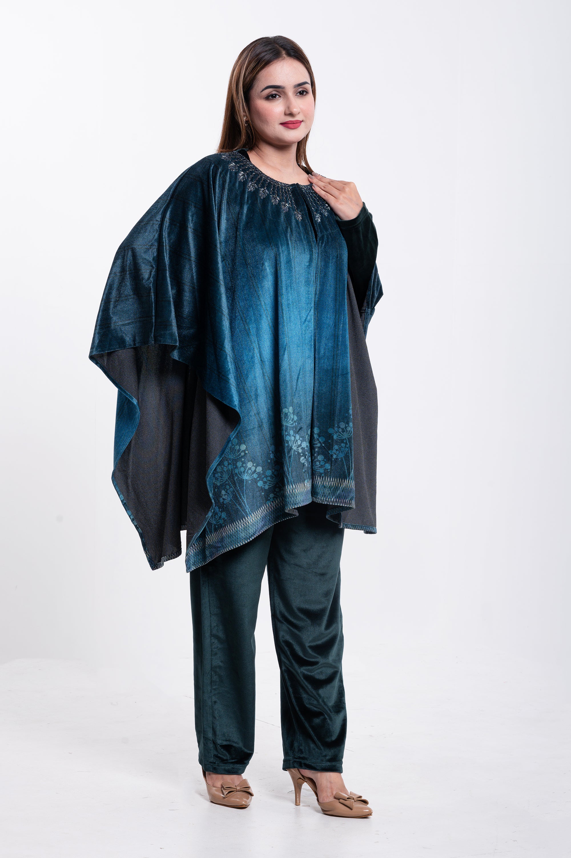 Elegant Teal Velvet Poncho Set