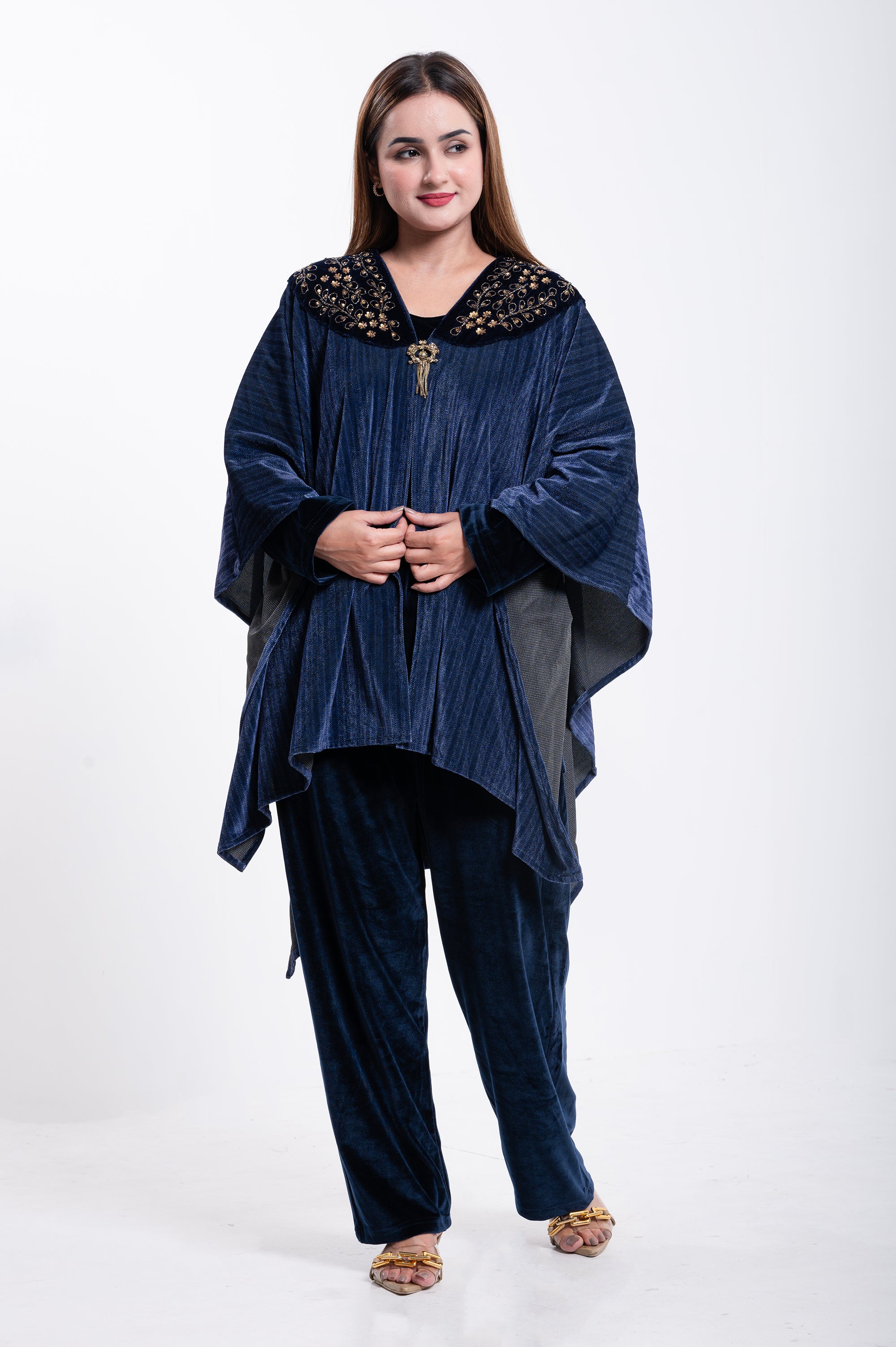 Velvet Elegance Navy Blue Kaftan Set