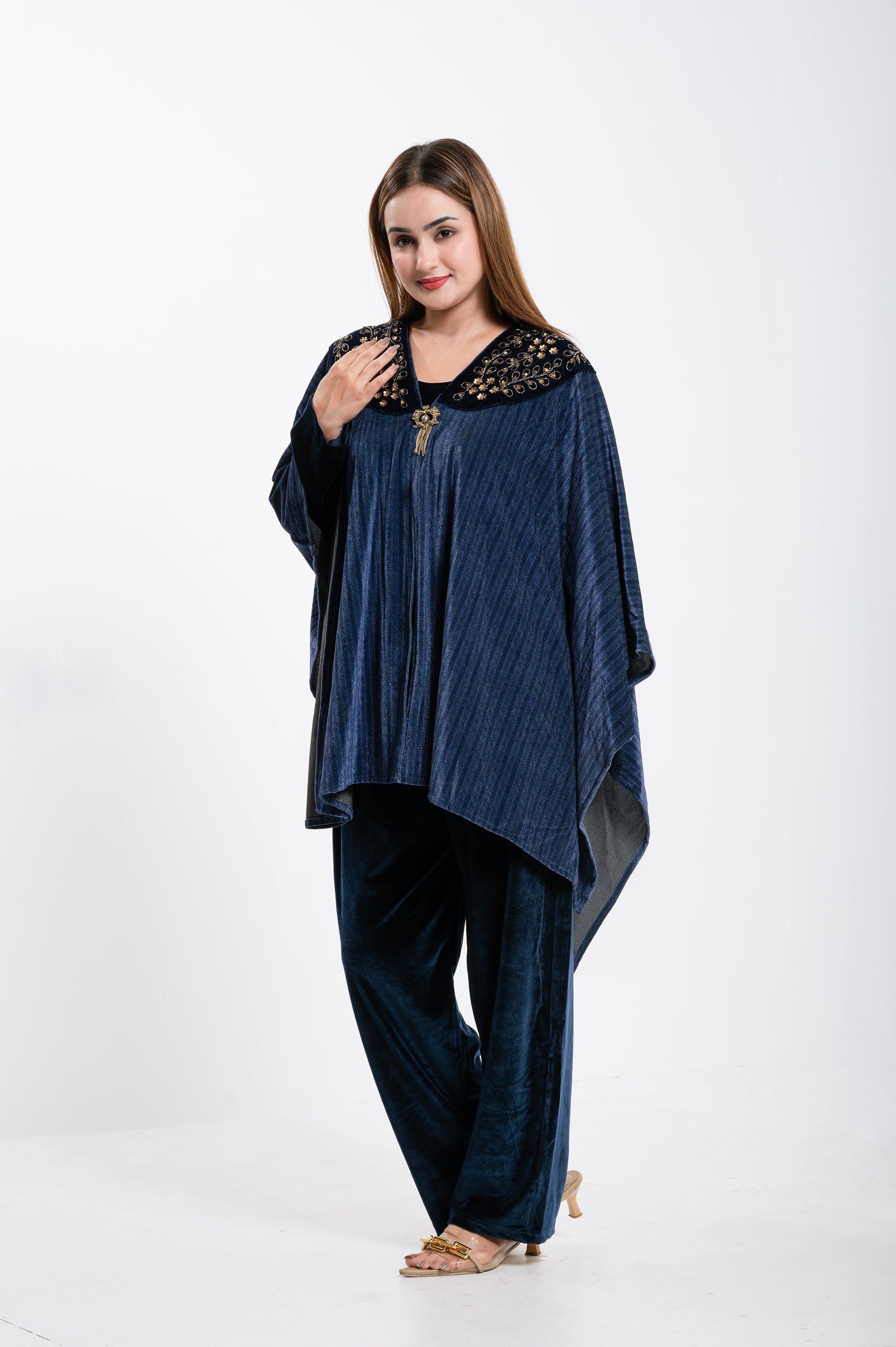 Velvet Elegance Navy Blue Kaftan Set